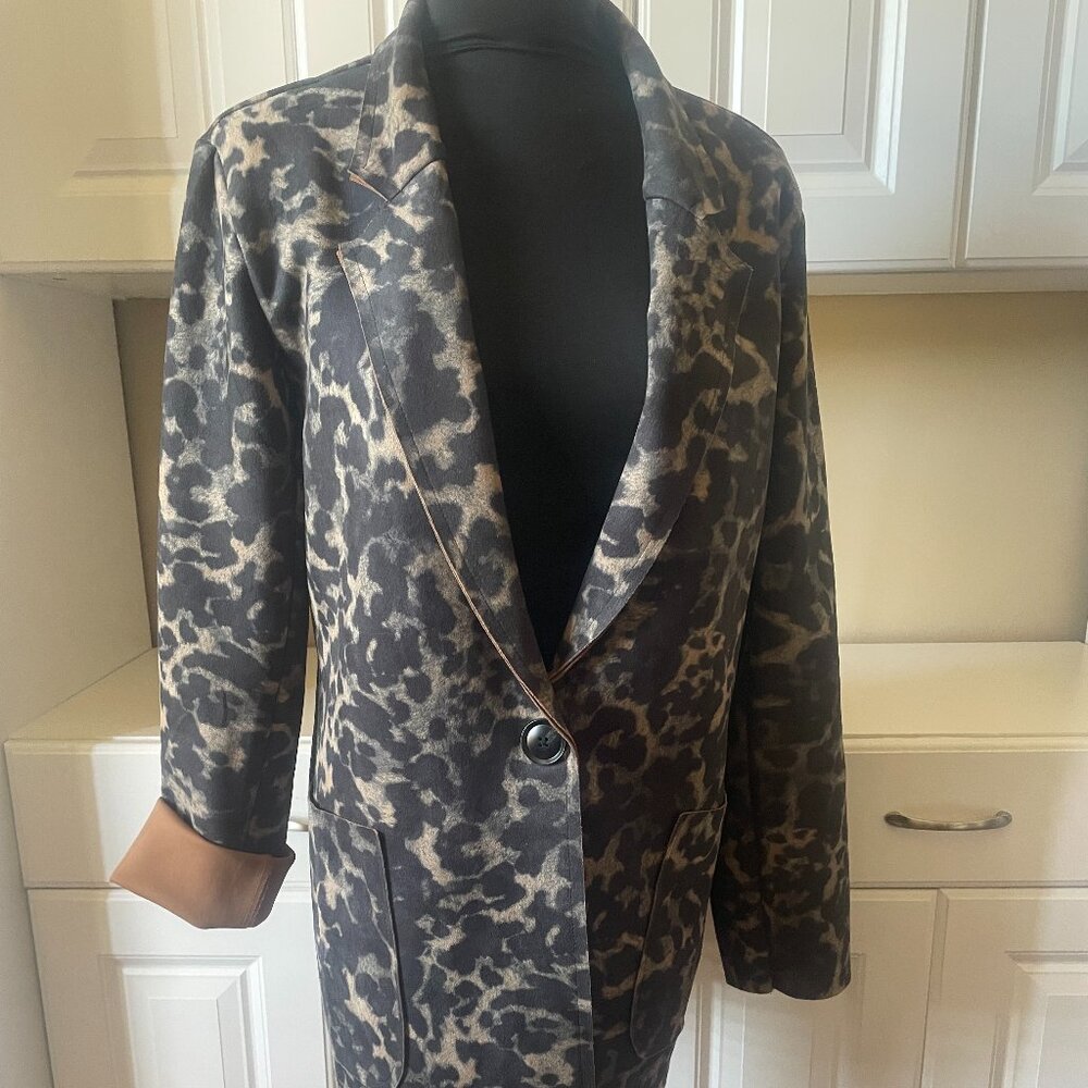 Tempo Paris M One Button Cardigan Blazer Jacket Animal Print Leopard Faux Suede